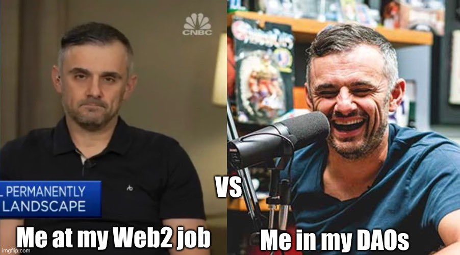 Image of @garyvee taken from Twitter of @shreyasgavittt showing Web2 Garyvee on CNBC looking serious, and next panel of Web3 Garyvee from home studio looking happy