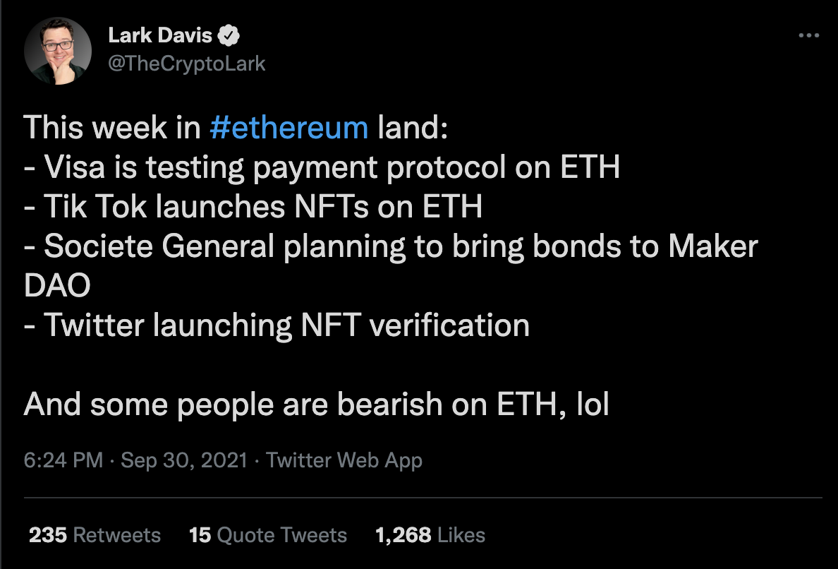 The tweet reads, “this week in #ethereum land….Societe General planning to bring bonds to MakerDAO….And some people are bearish on ETH, lol”.