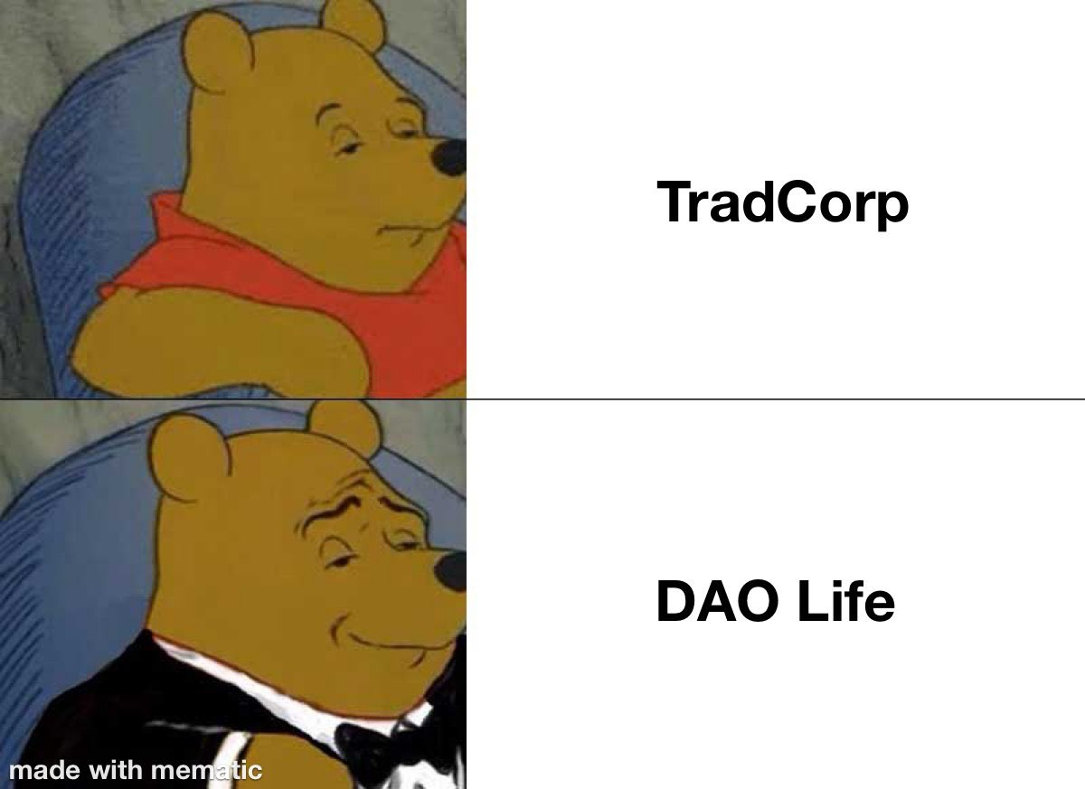 Image from @banklessITA showing a sad Winnie the Pooh as TradCorp and a happy Winnie the Pooh as DAO Life