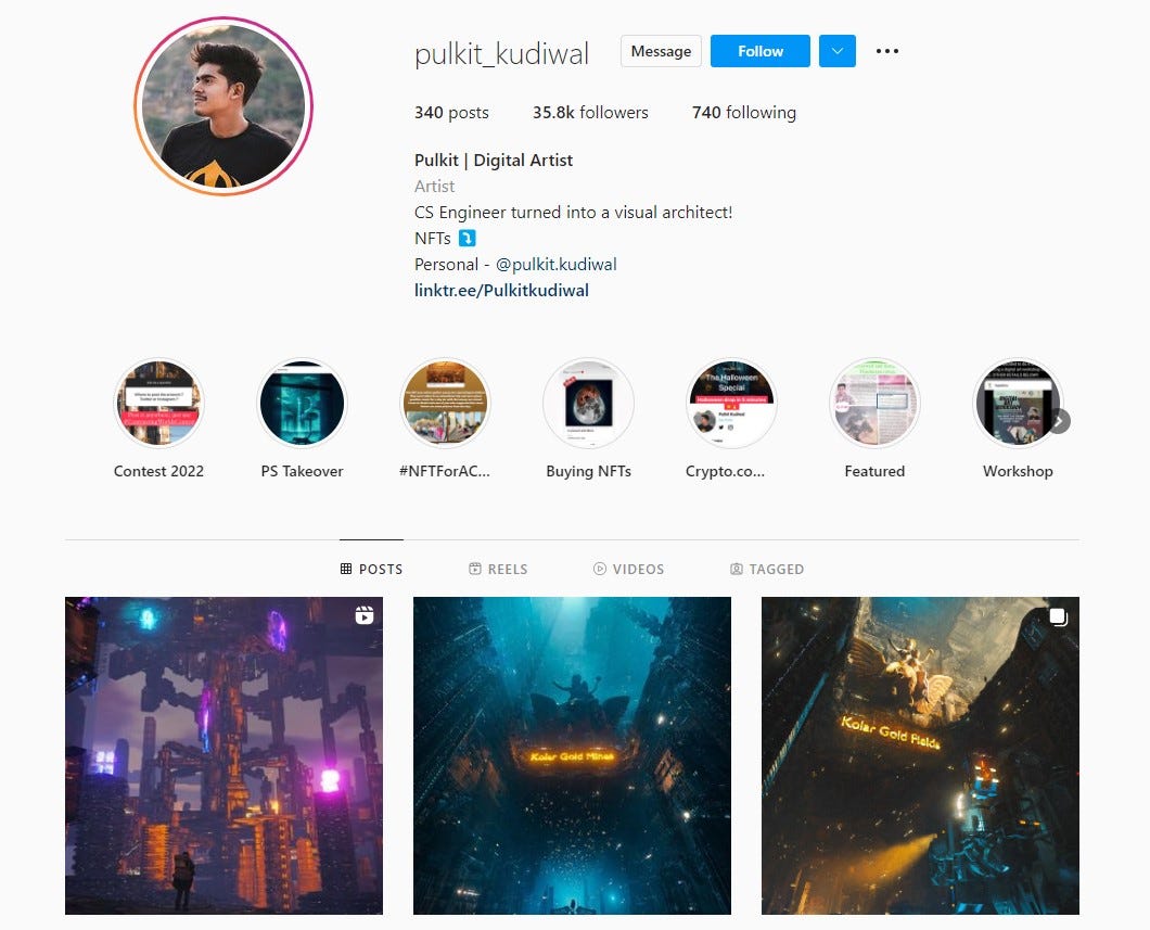 NFT artist promoting their works on Instagram