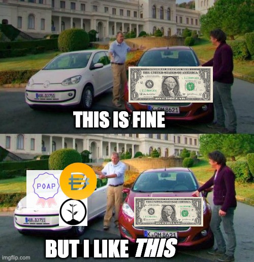 A man has to choose between fiat currency and DAI, POAPs, and One Tree Planted integrations. The choice is easy.
