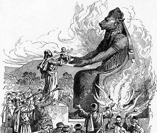 An illustration from Charles Foster’s 1897, Bible Pictures and What They Teach Us, depicting an offering to Moloch